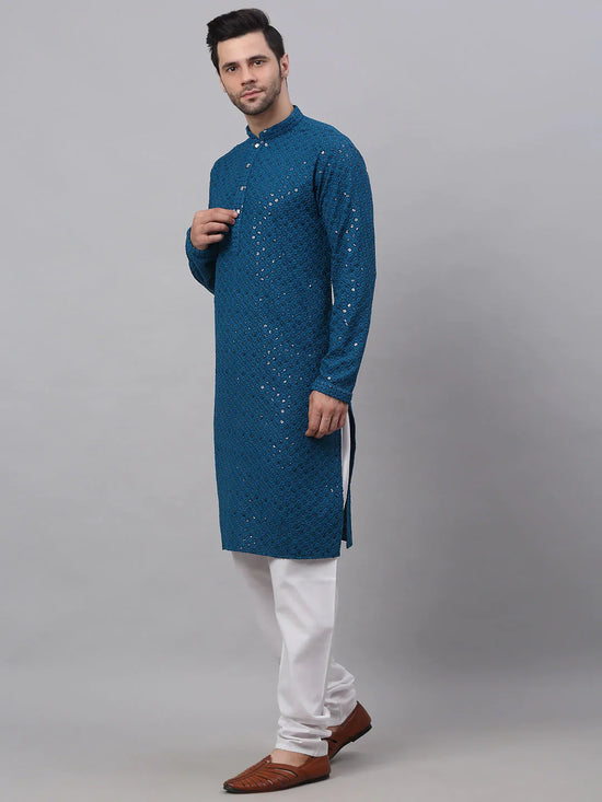 Men Peacock Blue Chikankari Embroidered and Sequence Kurta with Churidar-JOKP-678Peacock