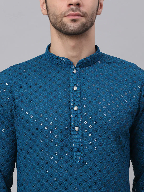 Men Peacock Blue Chikankari Embroidered and Sequence Kurta with Churidar-JOKP-678Peacock