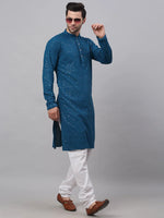 Men Peacock Blue Chikankari Embroidered and Sequence Kurta with Churidar-JOKP-678Peacock