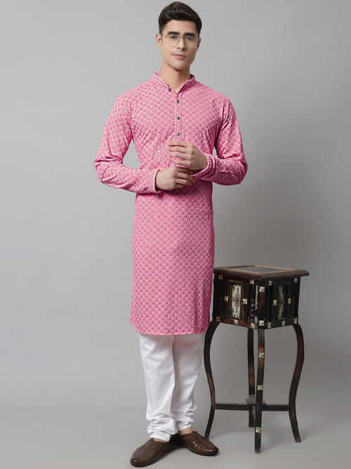 Men Pink Chikankari Embroidered and Sequence Kurta with Churidar-JOKP-678Pink