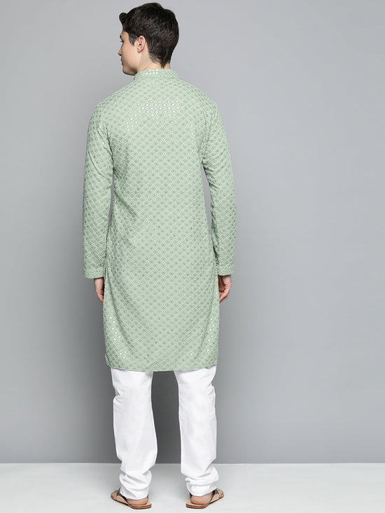 Men Pista Green Chikankari Embroidered and Sequence Kurta with Churidar-JOKP-678Pista