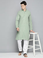 Men Pista Green Chikankari Embroidered and Sequence Kurta with Churidar-JOKP-678Pista