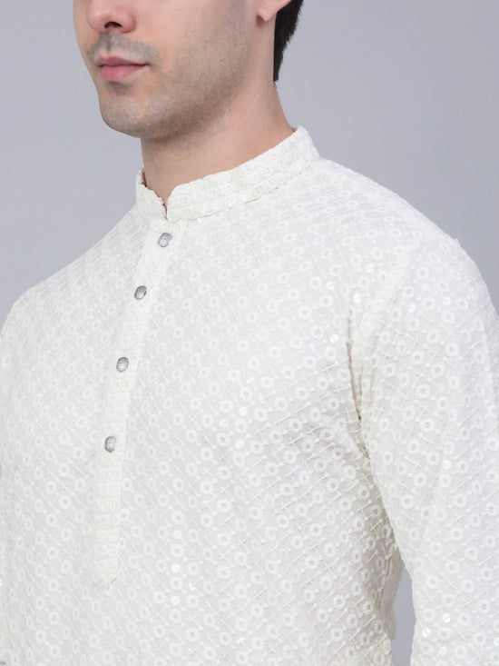 Men White Chikankari Embroidered and Sequence Kurta with Churidar-JOKP-678White