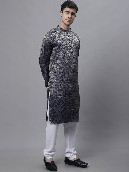 Men Ethnic  Navy Blue Woven Design Kurta with Pyjamas-JOKP-681Navy