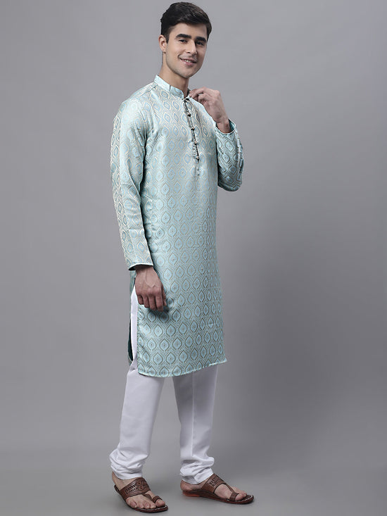 Men Ethnic  Sky Blue Woven Design Kurta with Pyjamas-JOKP-681Sky