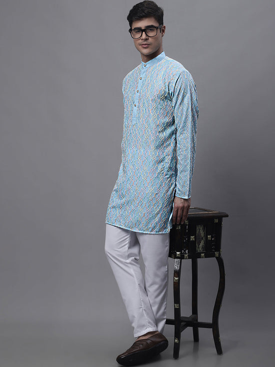 Men's Sky Blue and Multi Coloured Embroidered Straight Kurta Pyjama Set-JOKP-689Sky