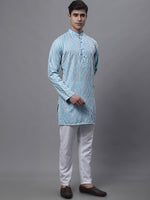 Men's Sky Blue and Multi Coloured Embroidered Straight Kurta Pyjama Set-JOKP-689Sky