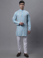 Men's Sky Blue and Multi Coloured Embroidered Straight Kurta Pyjama Set-JOKP-689Sky