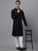 Men's Black Embroidered Straight Kurta Pyjama Set-JOKP-P-690Black