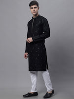 Men's Black Embroidered Straight Kurta Pyjama Set-JOKP-P-690Black