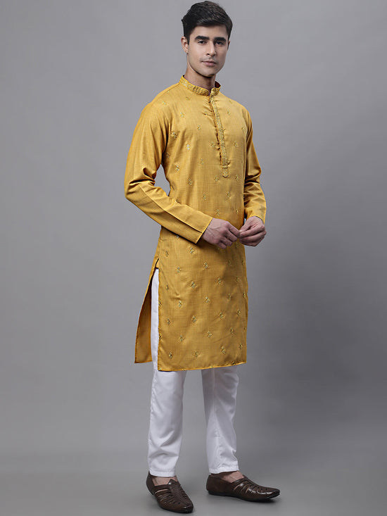 Men's Mustard Embroidered Straight Kurta Pyjama Set-JOKP-P-690Mustard