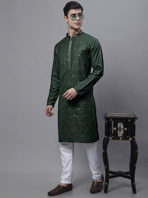 Men's Olive Green Embroidered Straight Kurta Pyjama Set-JOKP-P-690Olive