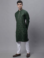 Men's Olive Green Embroidered Straight Kurta Pyjama Set-JOKP-P-690Olive