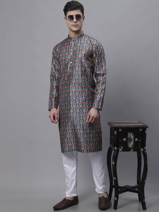 Men's Navy Digital Printed Kurta Pyjama Set-JOKP-P-691Navy