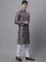 Men's Navy Digital Printed Kurta Pyjama Set-JOKP-P-691Navy