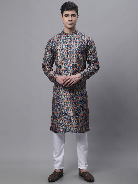 Men's Navy Digital Printed Kurta Pyjama Set-JOKP-P-691Navy