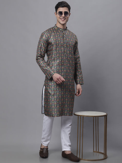 Men's Olive Green Digital Printed Kurta Pyjama Set-JOKP-P-691Olive