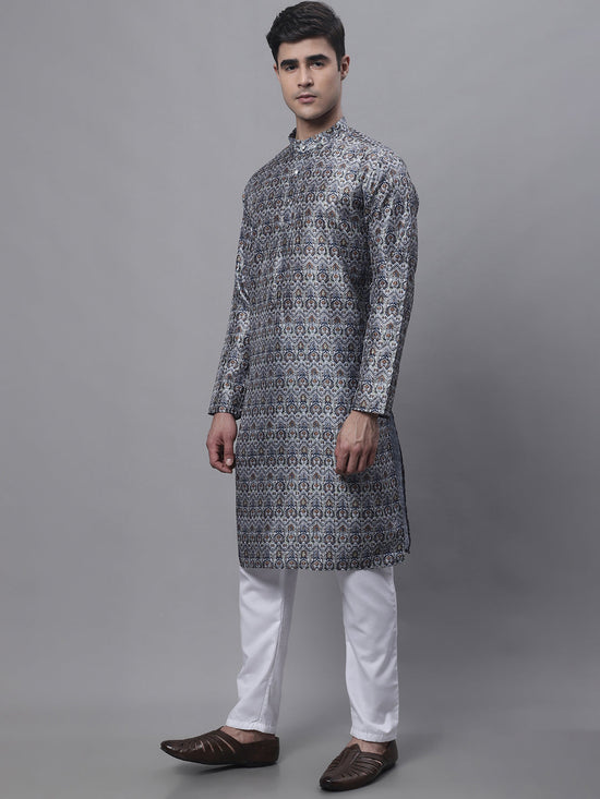 Men's Silver Digital Printed Kurta Pyjama Set-JOKP-P-691Silver