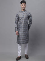 Men's Silver Digital Printed Kurta Pyjama Set-JOKP-P-691Silver