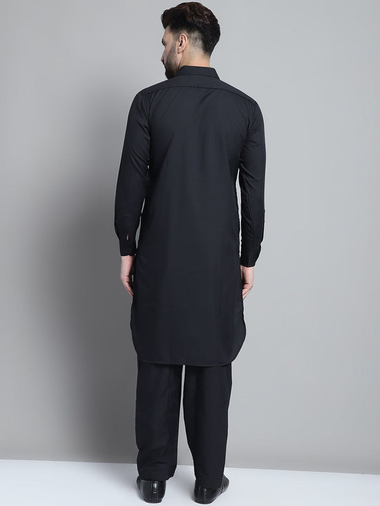 Men's Black Cotton Solid Pathani Kurta with Salwar-JOKP-696Black