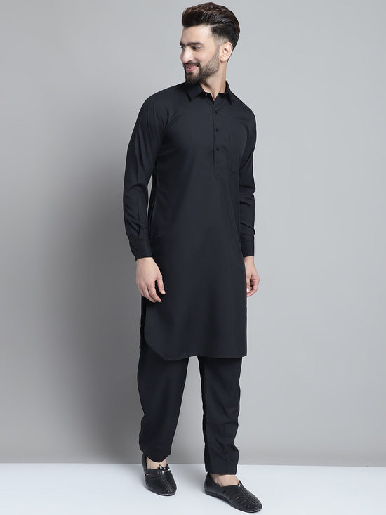 Men's Black Cotton Solid Pathani Kurta with Salwar-JOKP-696Black