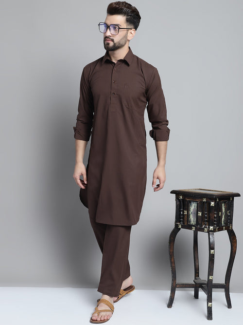 Men's Coffee Brown Cotton Solid Pathani Kurta with Salwar-JOKP-696Coffee