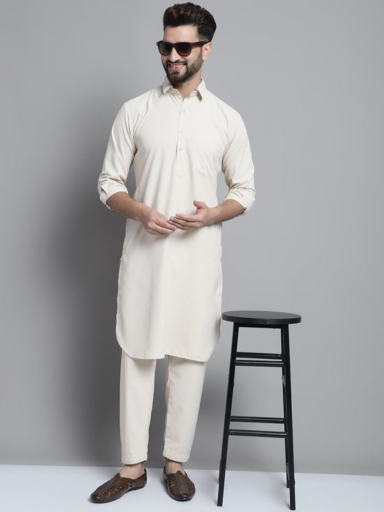 Men's Cream Cotton Solid Pathani Kurta with Salwar-JOKP-696Cream