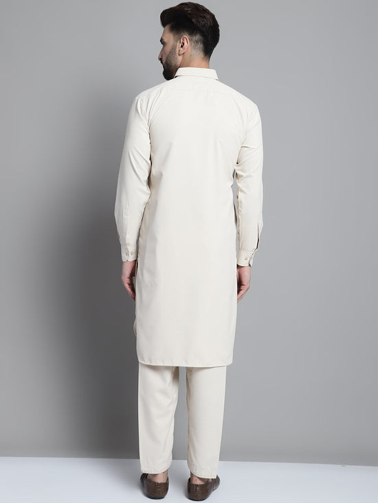 Men's Cream Cotton Solid Pathani Kurta with Salwar-JOKP-696Cream