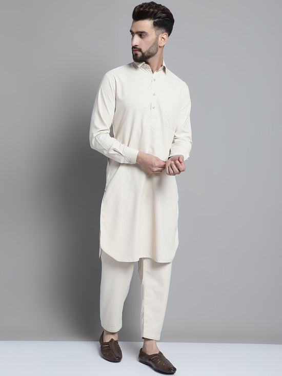 Men's Cream Cotton Solid Pathani Kurta with Salwar-JOKP-696Cream