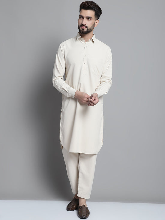 Men's Cream Cotton Solid Pathani Kurta with Salwar-JOKP-696Cream