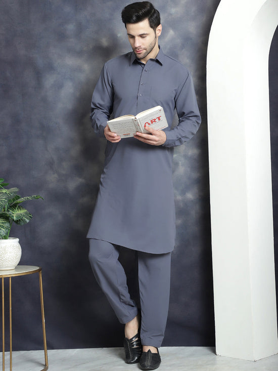 Men's Solid Pathani Kurta with Salwar-JOKP-696Grey