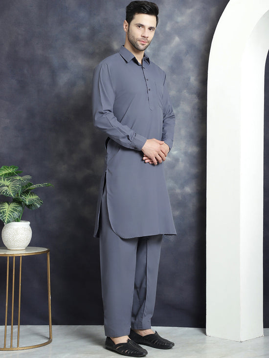 Men's Solid Pathani Kurta with Salwar-JOKP-696Grey