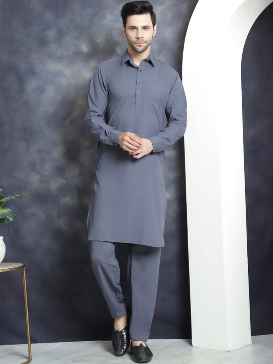 Men's Solid Pathani Kurta with Salwar-JOKP-696Grey