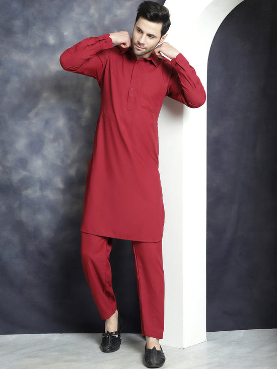 Men's Solid Pathani Kurta with Salwar-JOKP-696Maroon