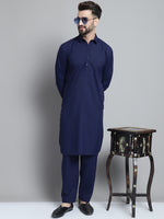 Men's Navy Blue Cotton Solid Pathani Kurta with Salwar-JOKP-696Navy