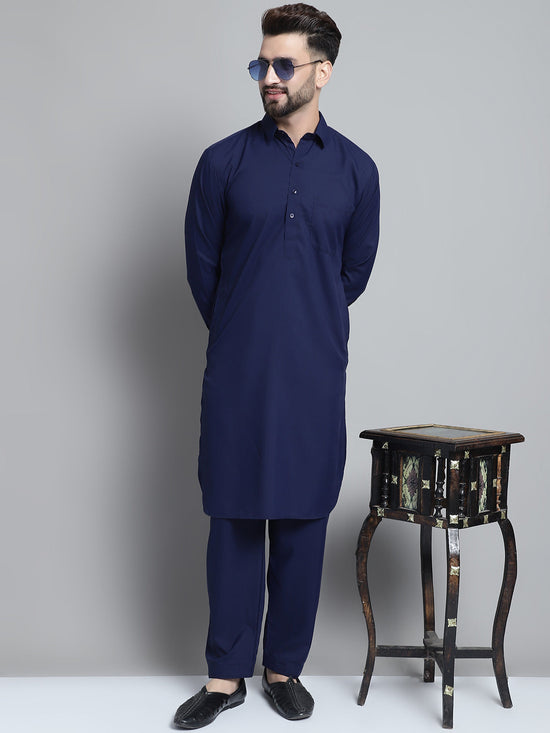 Men's Navy Blue Cotton Solid Pathani Kurta with Salwar-JOKP-696Navy