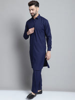 Men's Navy Blue Cotton Solid Pathani Kurta with Salwar-JOKP-696Navy