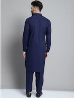 Men's Navy Blue Cotton Solid Pathani Kurta with Salwar-JOKP-696Navy