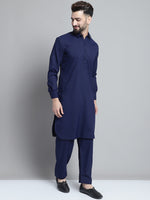 Men's Navy Blue Cotton Solid Pathani Kurta with Salwar-JOKP-696Navy