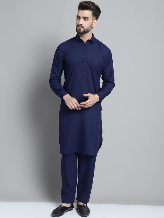 Men's Navy Blue Cotton Solid Pathani Kurta with Salwar-JOKP-696Navy