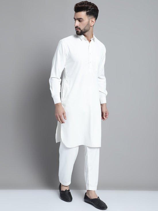 Men's White Cotton Solid Pathani Kurta with Salwar-JOKP-696White