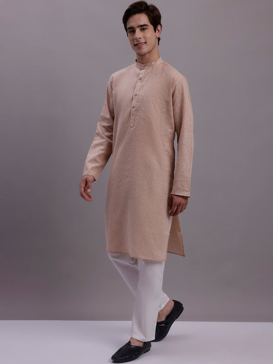 Men's Solid Pure Cotton Kurta With Pyjamas-JOKP-697Beige