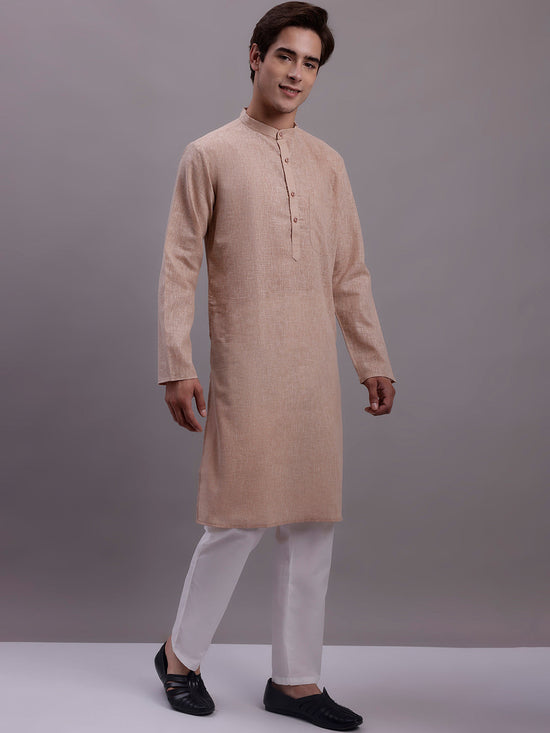 Men's Solid Pure Cotton Kurta With Pyjamas-JOKP-697Beige