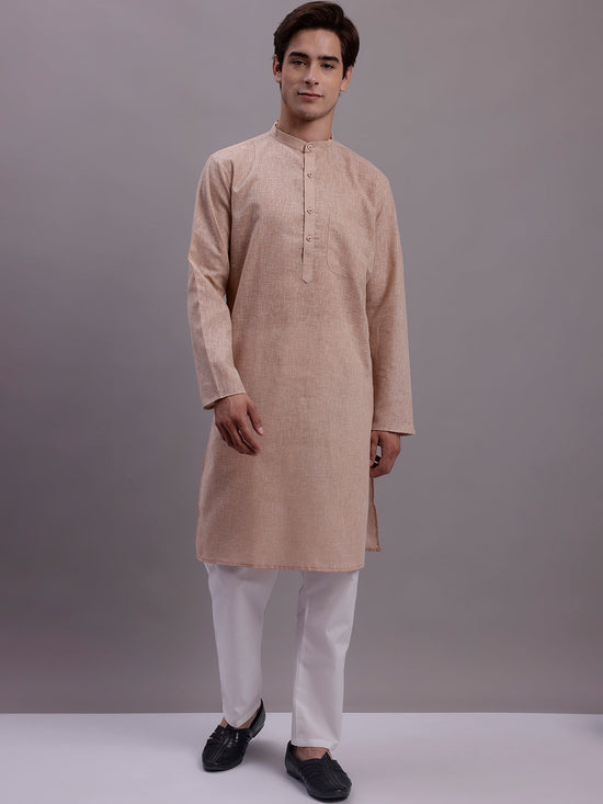 Men's Solid Pure Cotton Kurta With Pyjamas-JOKP-697Beige