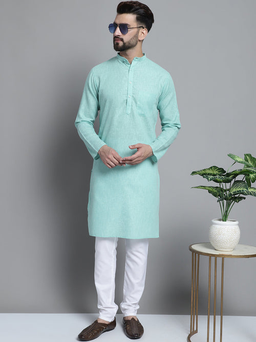 Men's Solid Pure Cotton Kurta With Pyjamas-JOKP-697Green