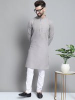 Men's Solid Pure Cotton Kurta With Pyjamas-JOKP-697Grey