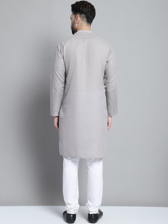 Men's Solid Pure Cotton Kurta With Pyjamas-JOKP-697Grey