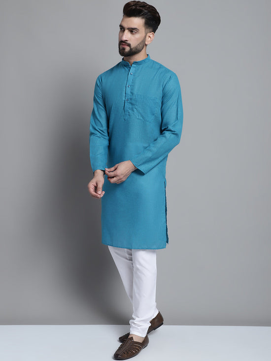 Men's Solid Pure Cotton Kurta With Pyjamas-JOKP-697Peacock