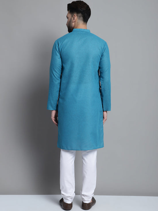 Men's Solid Pure Cotton Kurta With Pyjamas-JOKP-697Peacock