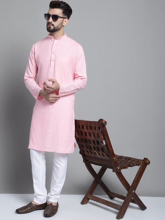 Men's Solid Pure Cotton Kurta With Pyjamas-JOKP-697Pink